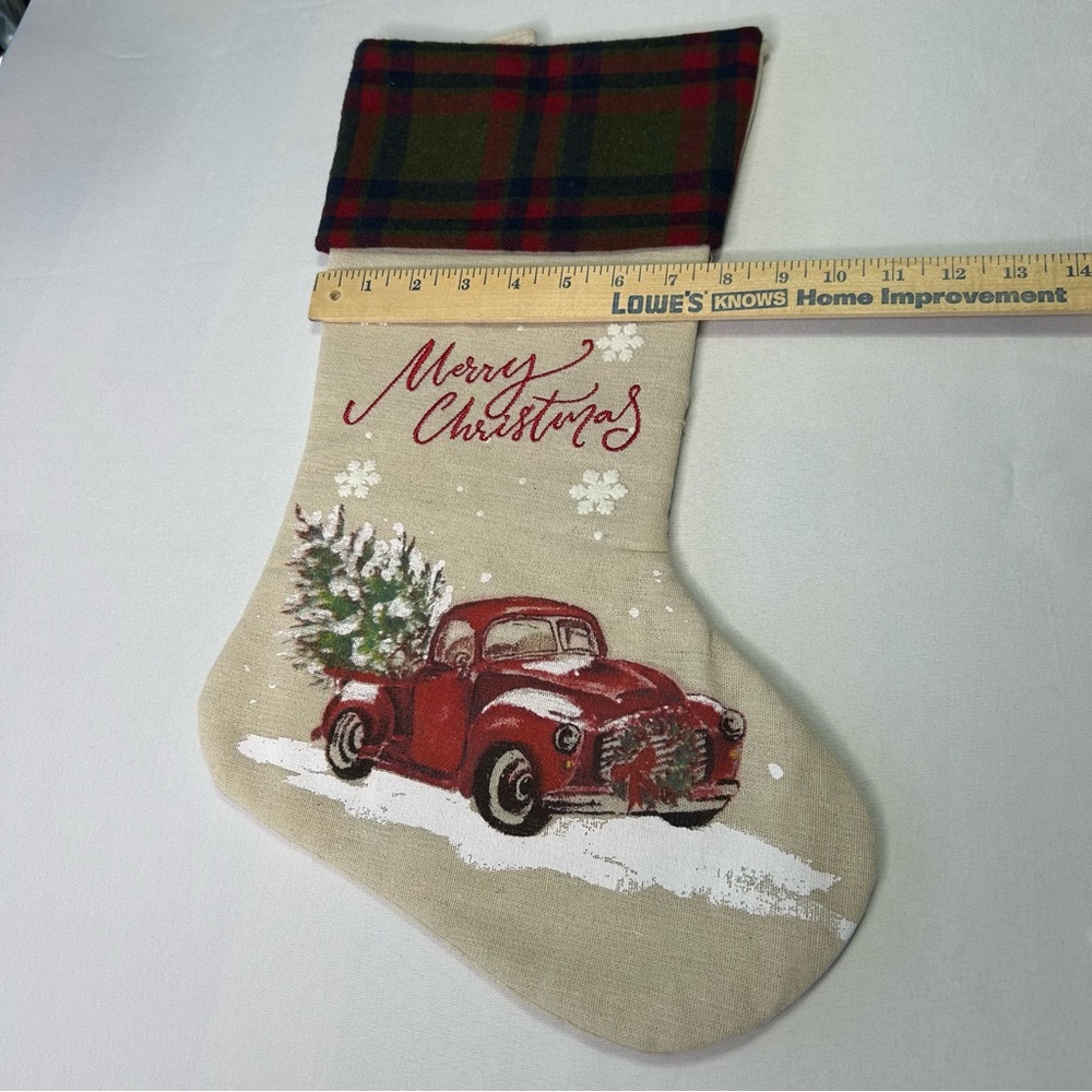 Red Truck Christmas Stocking plaid collar canvas with stitched Merry Christmas - Picture 6 of 8